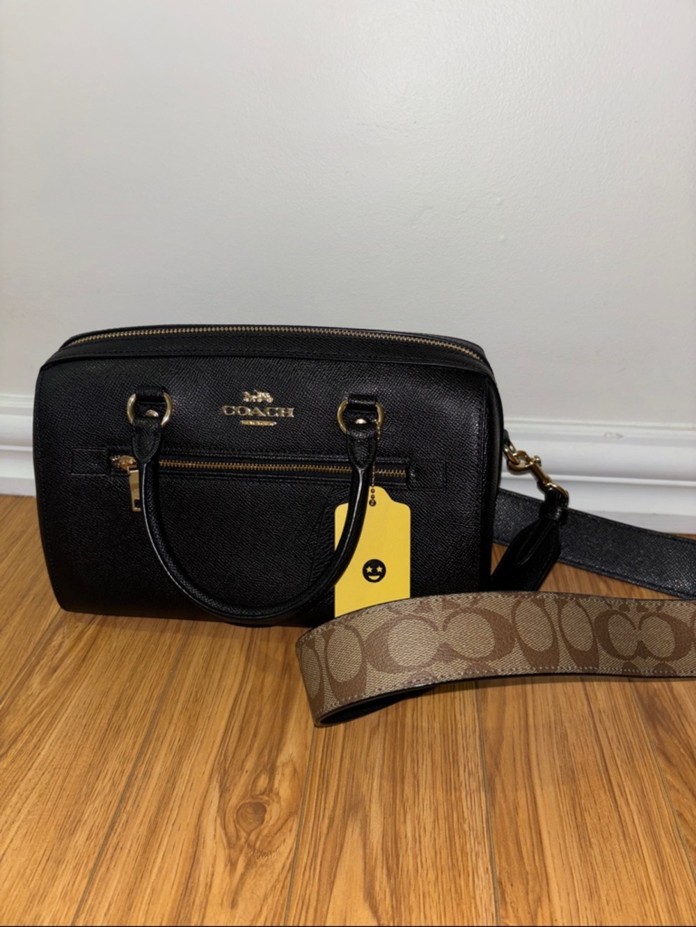Coach Black Leather Medium Rowan Satchel with Signature Brown Strap